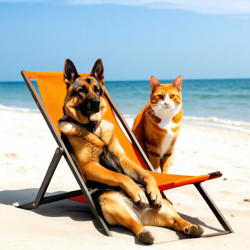A german shepherd dog chilling out on a beach in a beach chair next to a an orange calico cat also chilling out on the beach in a beach chair
