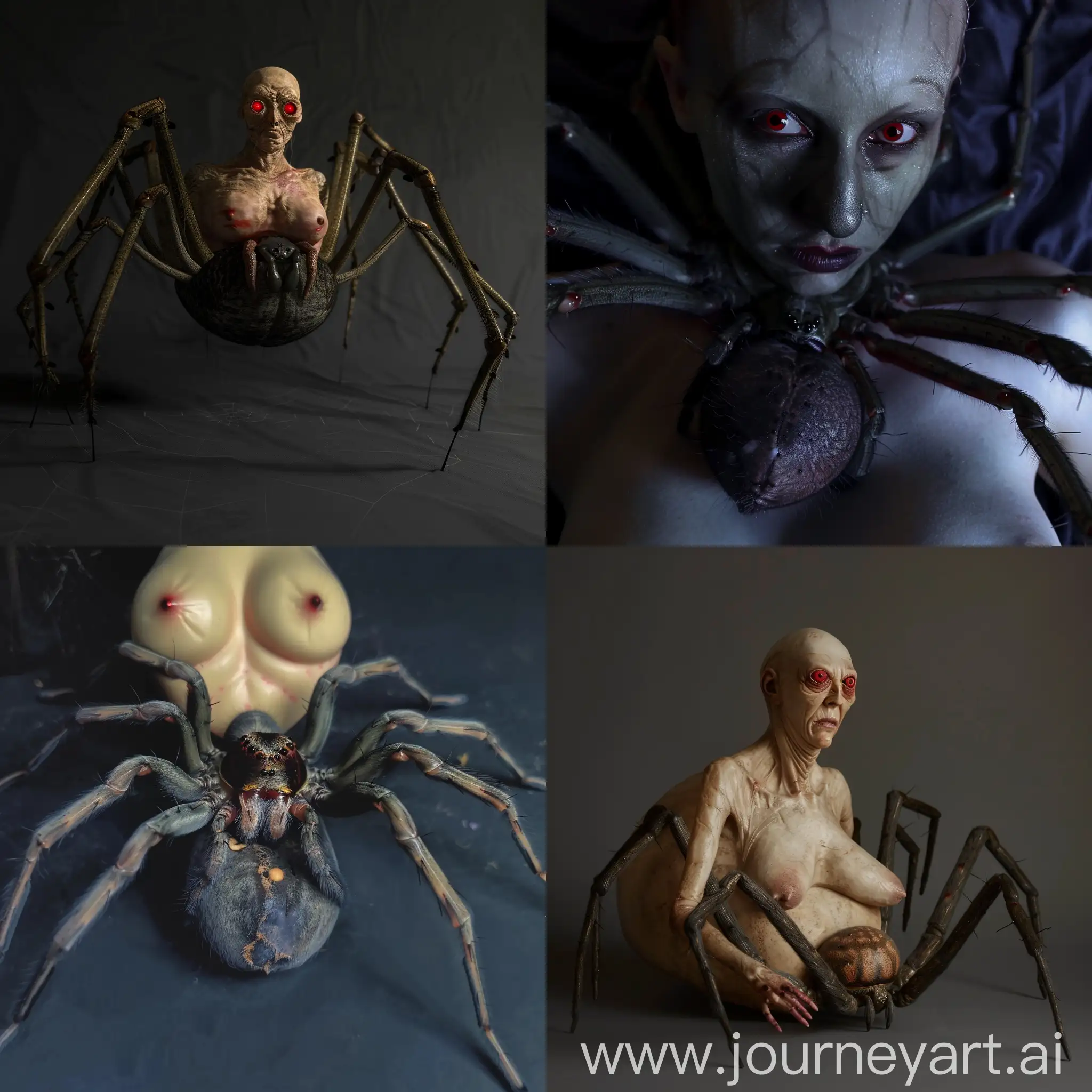 Spider queen, Arachne, pale skin, 4 red eyes, huge breast, , half spider body, giant spider, giant spider abdomen
