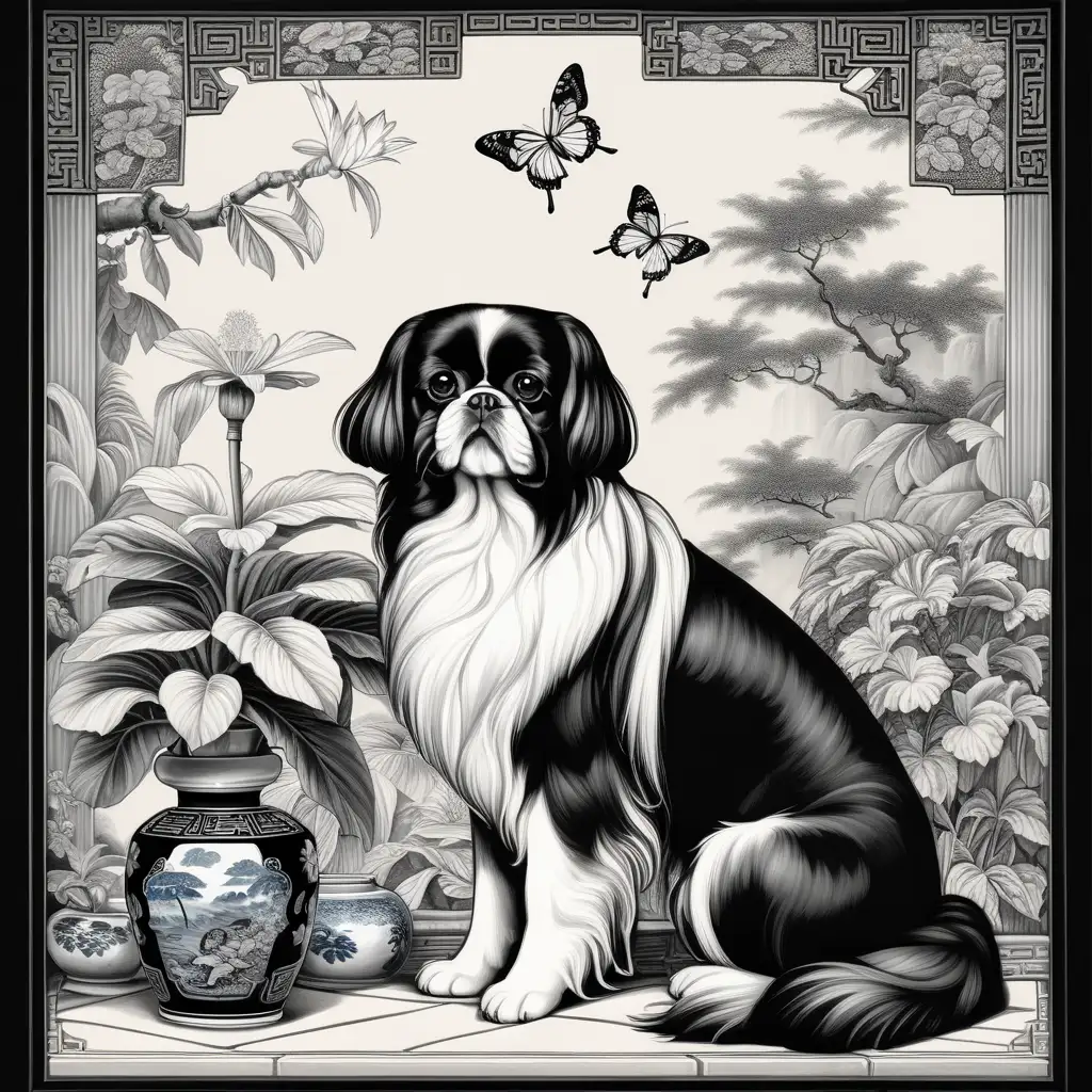 A traditional Chinese courtesan, A longhair black and white shitzu dog, sits in her butterfly conservatory, a painting of a traditional Chinese scenery, on a Ming vase, in the style of baroque-inspired chiaroscuro, mysterious jungle, realistic color palette, 8k resolution, tattoo-inspired, sfumato, rococo decadence --ar 93:128 --s 750 --v 6.0