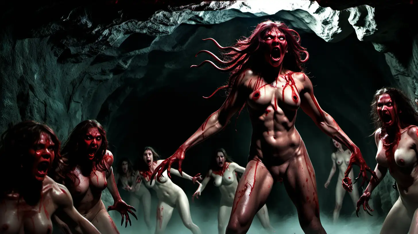 Muscular Naked Medusa with Red Eyes Attacking Women in Bloody Cave