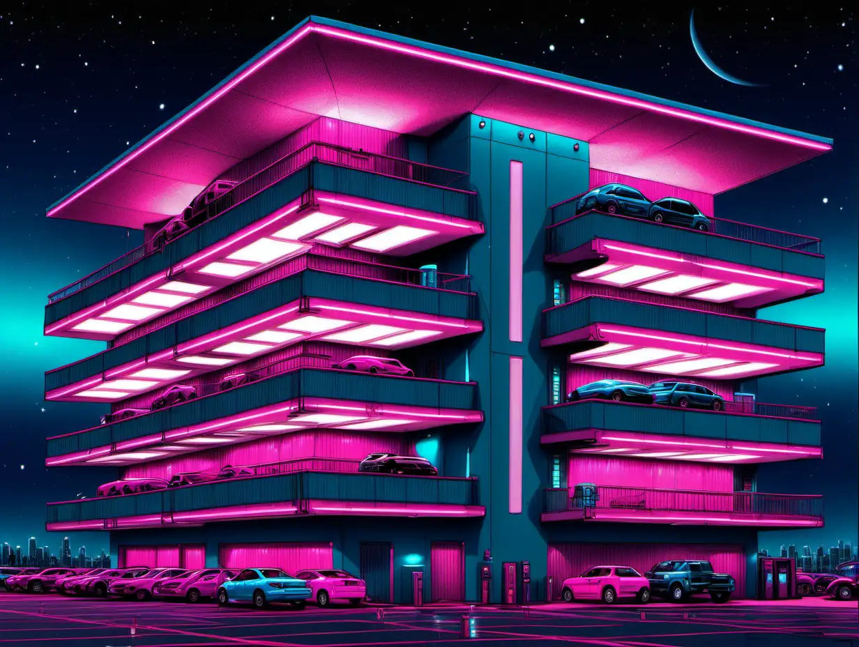 very large rooftop garage/parking lot. with elevators meant for vehicles to use. futuristic design. neon pink/ magenta, and baby blue. night sky. very intricately and microscopically detailed.