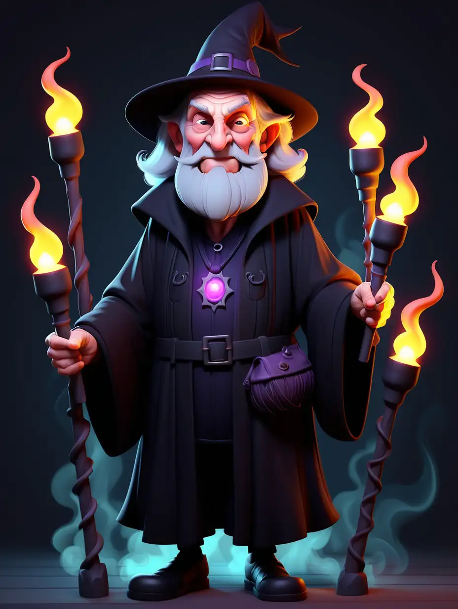 cute older male witch with six glowing torches
 
