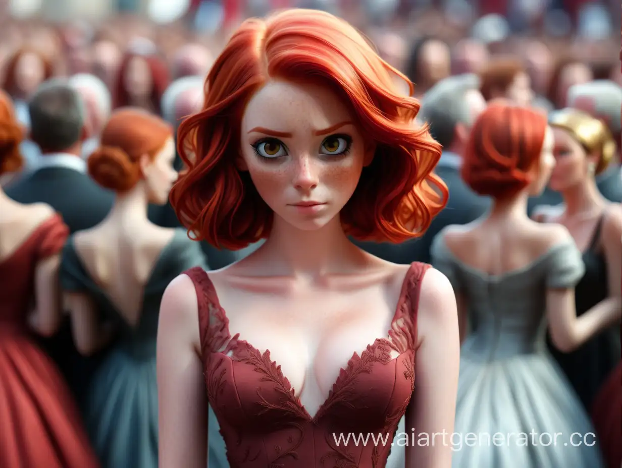RedHaired-Girl-in-Elegant-Attire-Gazing-Amidst-a-Blurred-Crowd