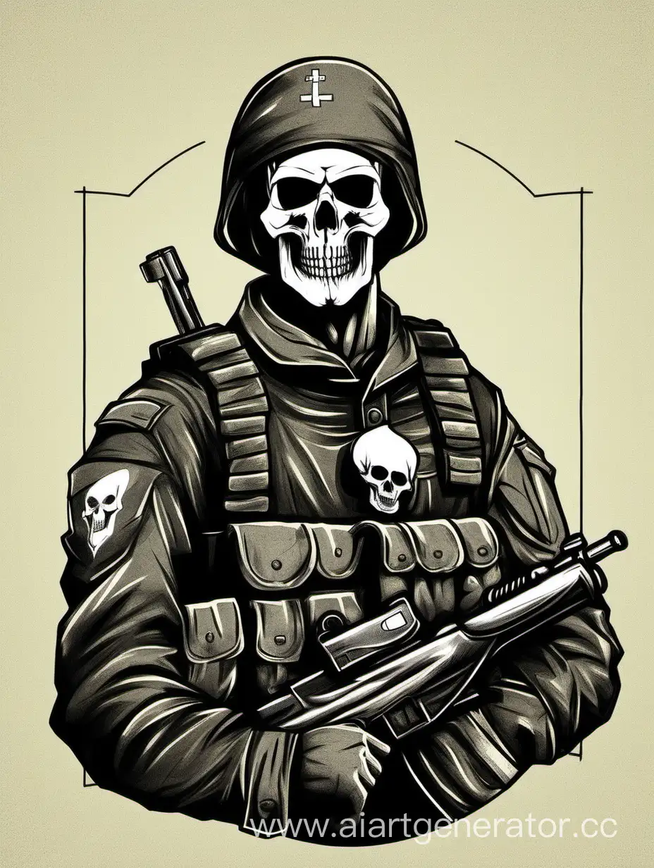 Нарисуй русского солдата с черепом вместо головы. Стиль минимализм. Пусть будет видно что он воюет во имя Христа