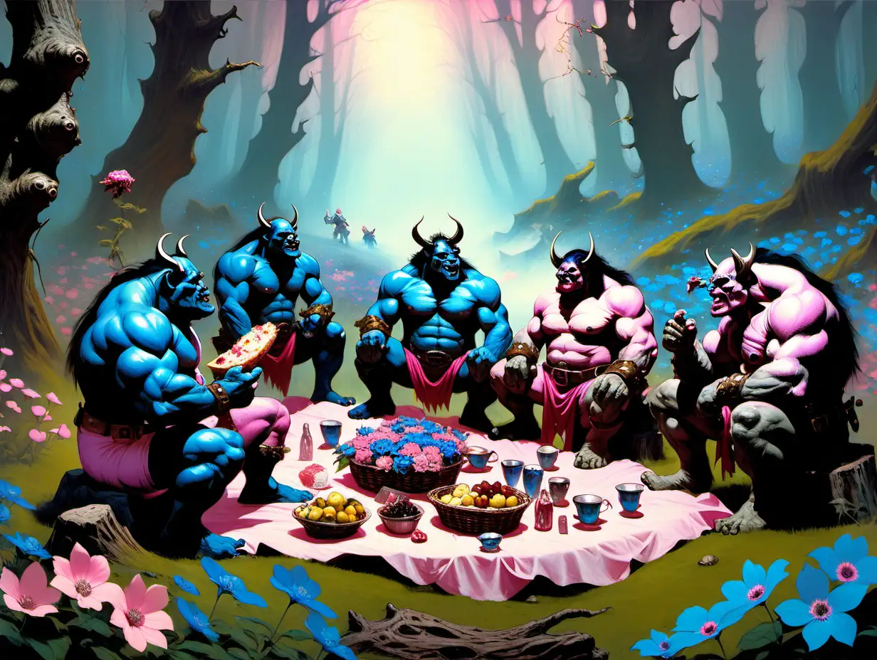 orgres having a picknick in an enchanted forest with  lots of pink and blue flowers Frank Frazetta style