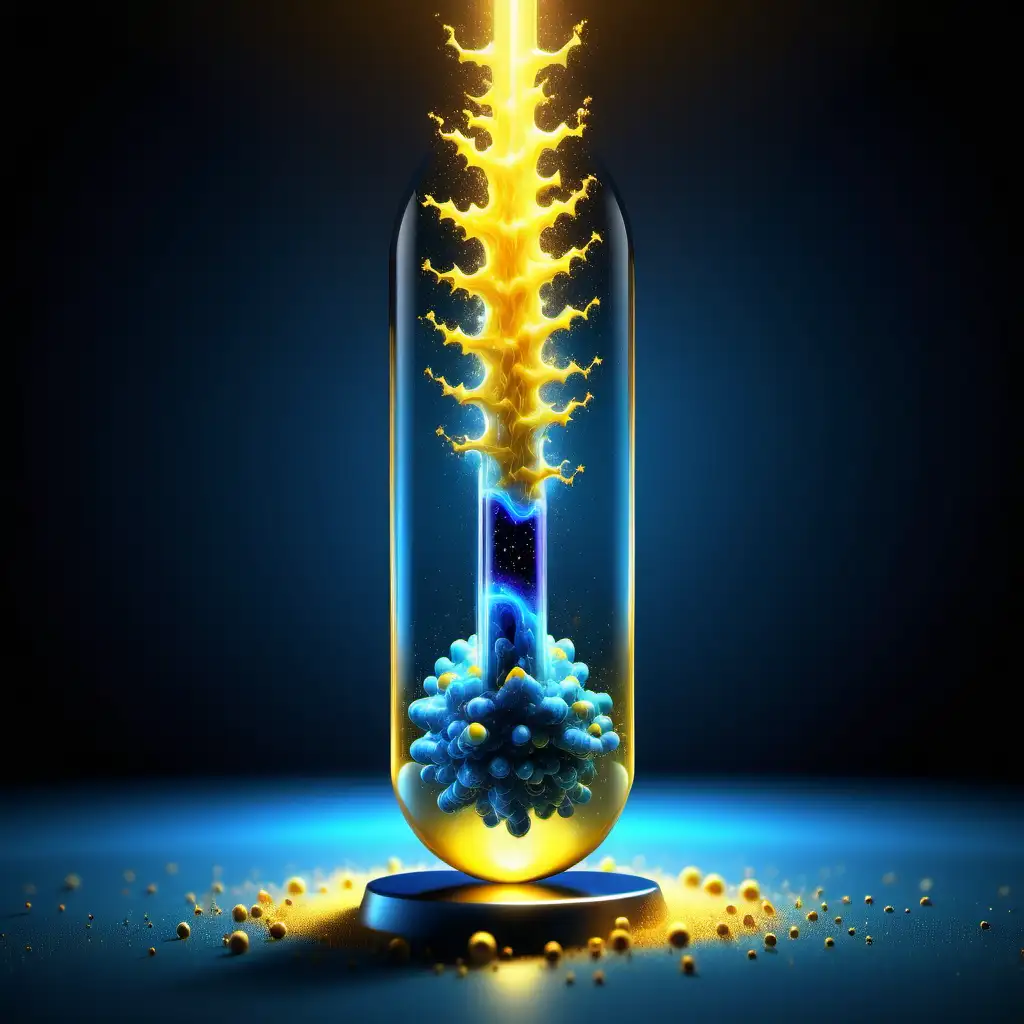 realistic blue chemistry meets yellow test tube containing super quantum exploding into microverse  with fractal spectral in a light bolt