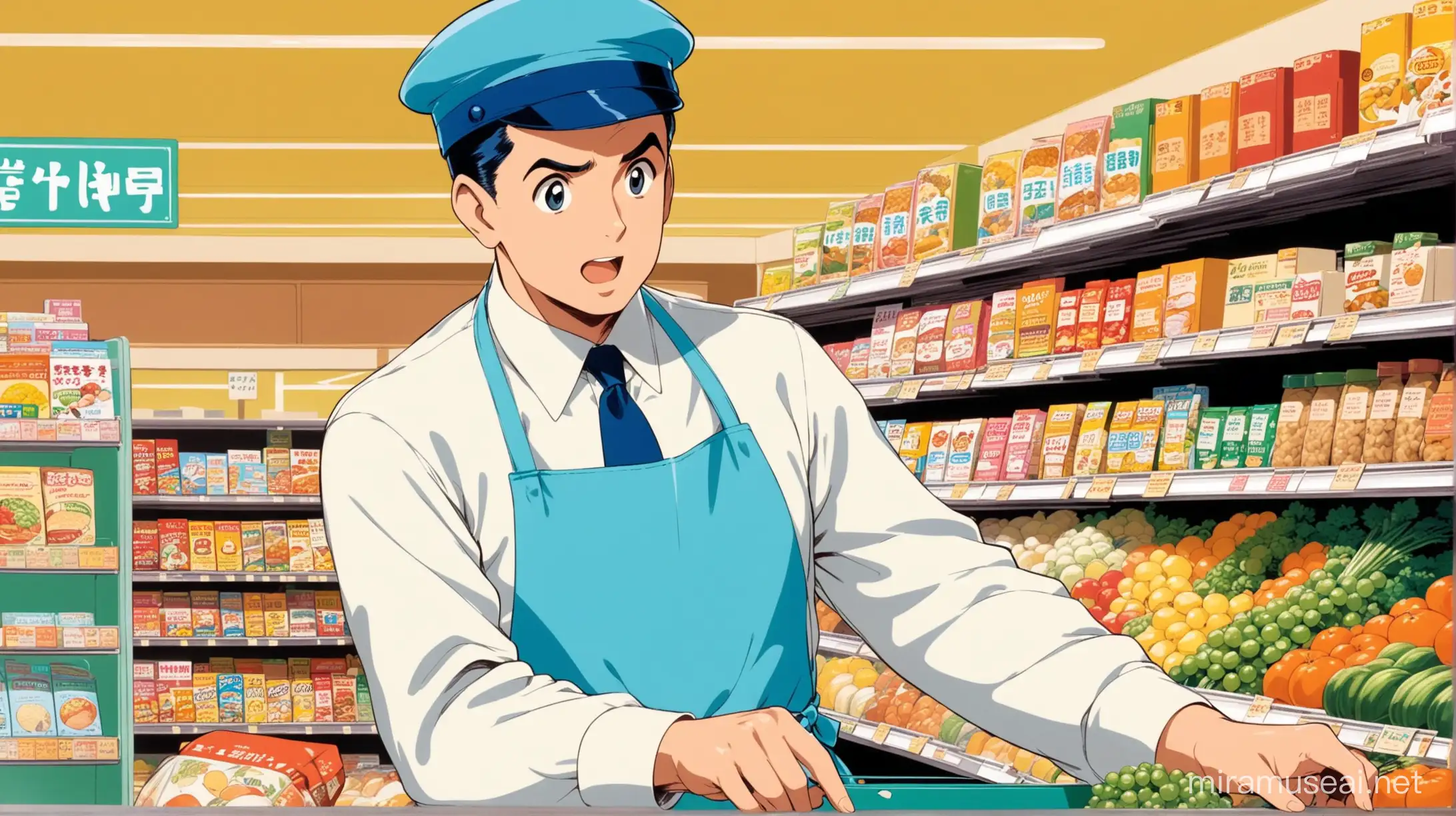 a man in a baby blue apron, blue hat, white shirt and a blue tie is a 1950s clerk. He is teaching an English lesson in a grocery store. vintage anime.