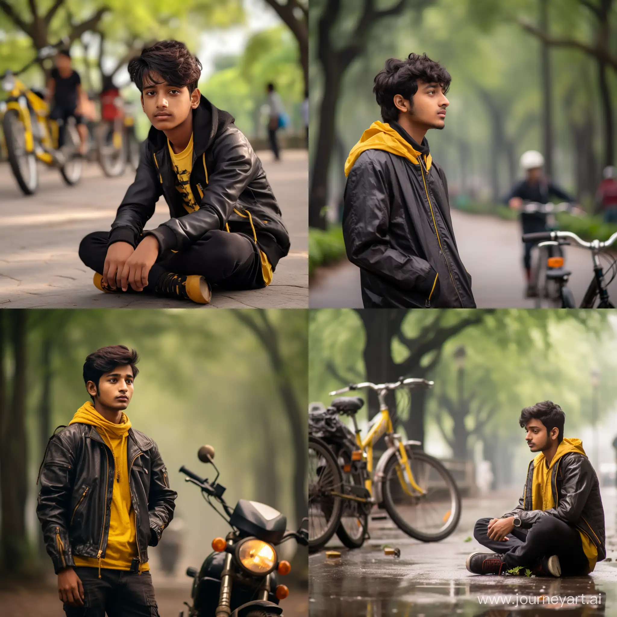 realistic indian 20 Year old cute boy practicing martial arts on the park ,in his hand wearing a black Hand wrapper , Very stylish hairstyle , wearing a yellow hoodie with name [Ashirbad] write on it, beautiful lonely boy, with a futuristic bicycle in his background , cinematic moody, realistic picture, emotional picture,profile pic, cinematic weather, beautiful realistic photo, ultra realistic picture , very beautiful photo, hyperealistic photo.