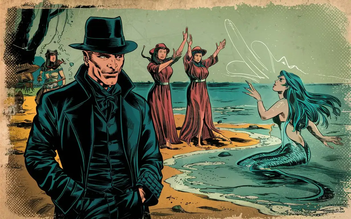 Old comic book art, faded color, halftone ink, Lee Van Cleef a few dollars more charcter in black fedora and black overcoat, three women in robes holding a seance on the beach, a siren sings from the water offshore