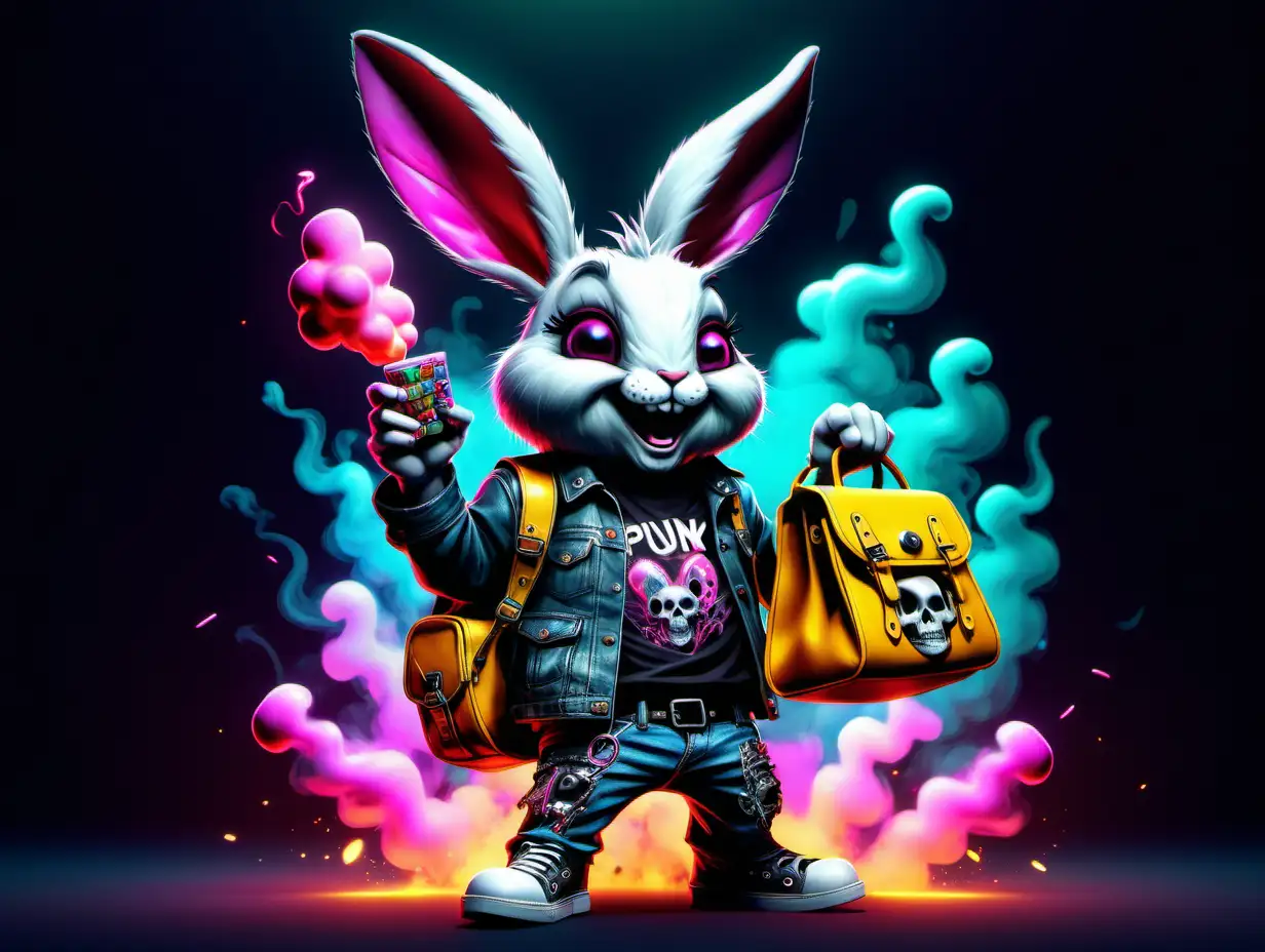 Smiling Punk Rock Rabbit with Glowing Bag and Colorful Skulls in Neon Smoke
