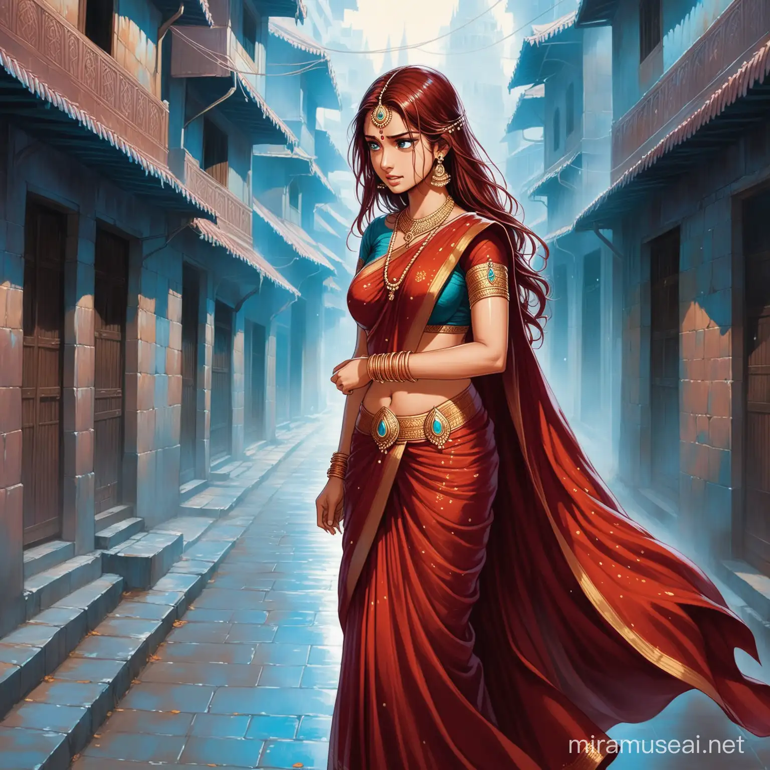 SOUTH INDIAN GODDESS IN RED SAREE CRYING , fantasy, forgotten realms, wiry, auburn hair, dark robes with silver and lightblue highlight, symbol of selune walking in a street 