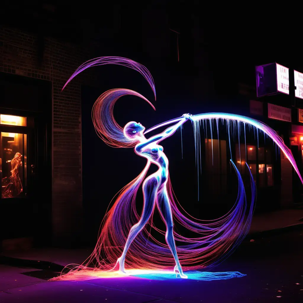 A light sculpture of attractive dancing a Death a scythe  in motion inneon colors of light fibers on a street in Manhattan, fiber optic light painting, long exposure, black background