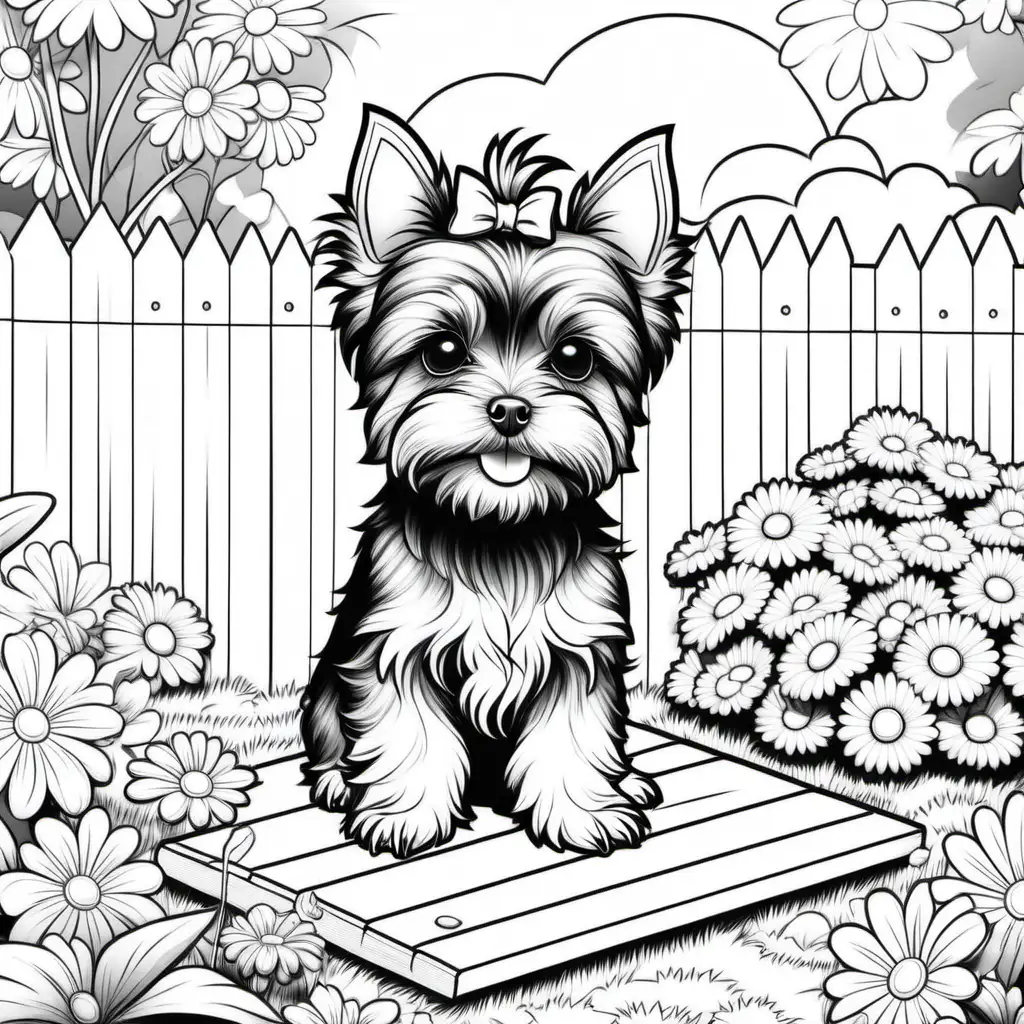coloring book page outline, kawaii style, cute and adorable baby yorkshire terrier in the backyard that has flowers chewing on a bone