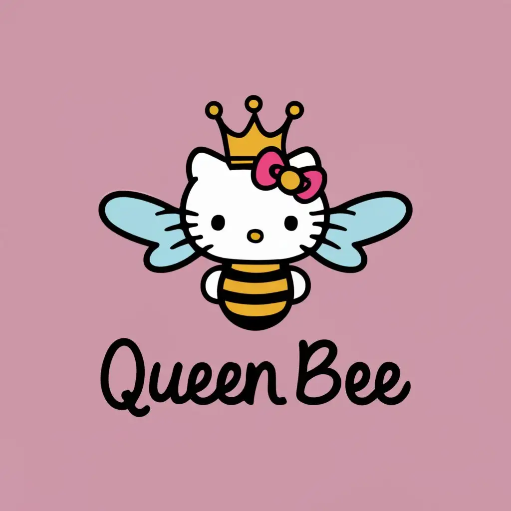 logo, Bee with crown with color of light pink crown and print with hello kitty style, with the text "Queen bee", typography