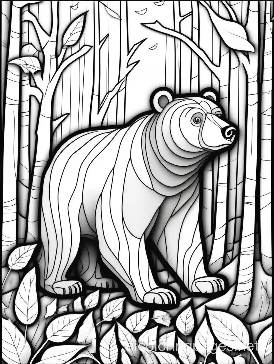 in glass transparent sculpture decor 3d effect: Bear walking forward, in autumn woods by Meghan Duncanson and Jennifer Lommers and Didier Lourenço, Alexander Jansson Enki Bilal, Coloring Page, black and white, line art, white background, Simplicity, Ample White Space. The background of the coloring page is plain white to make it easy for young children to color within the lines. The outlines of all the subjects are easy to distinguish, making it simple for kids to color without too much difficulty