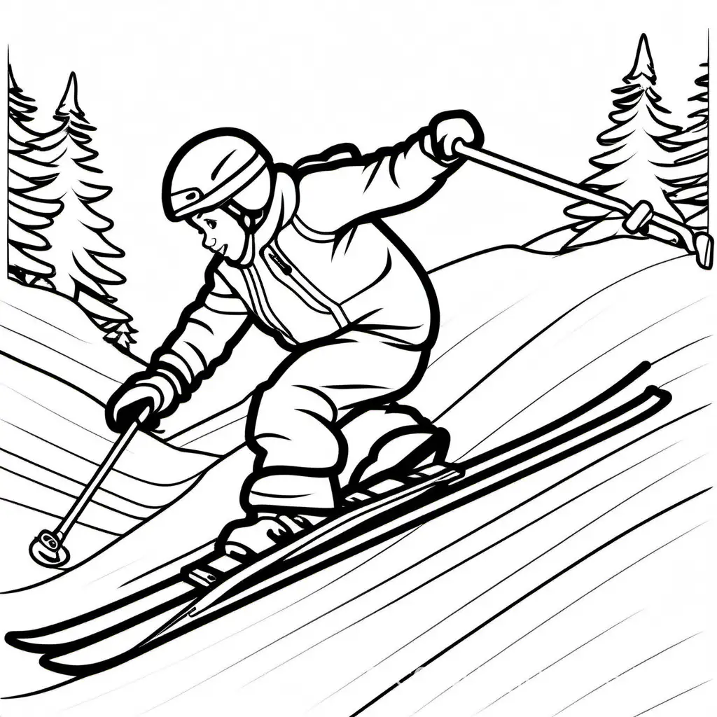 coloring book skier, Coloring Page, black and white, line art, white background, Simplicity, Ample White Space. The background of the coloring page is plain white to make it easy for young children to color within the lines. The outlines of all the subjects are easy to distinguish, making it simple for kids to color without too much difficulty