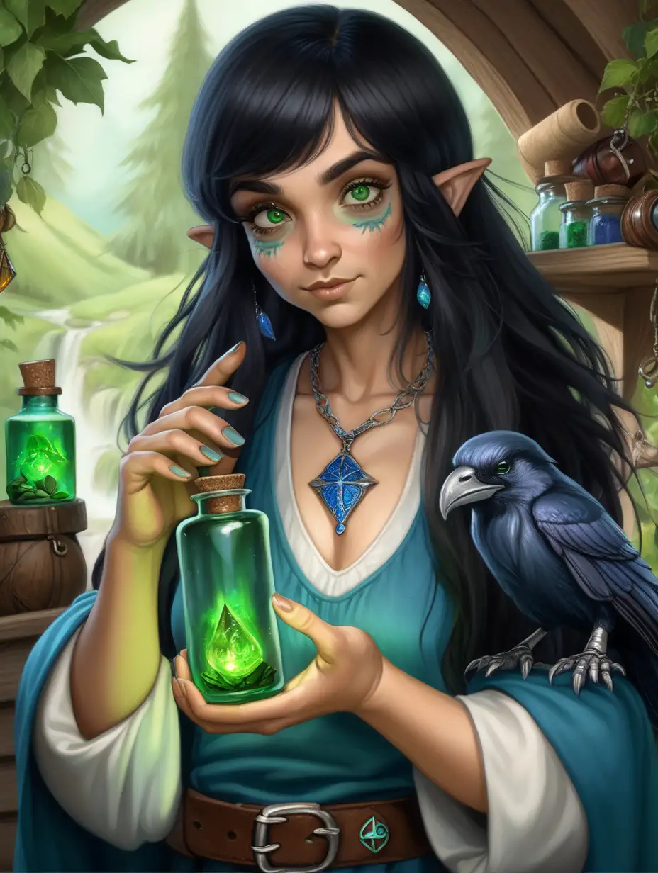 Gnome innkeeper and herbalist, she has green eyes and dark raven hair, she holds a fliptop bottle and wears a magical blue pendant necklace 