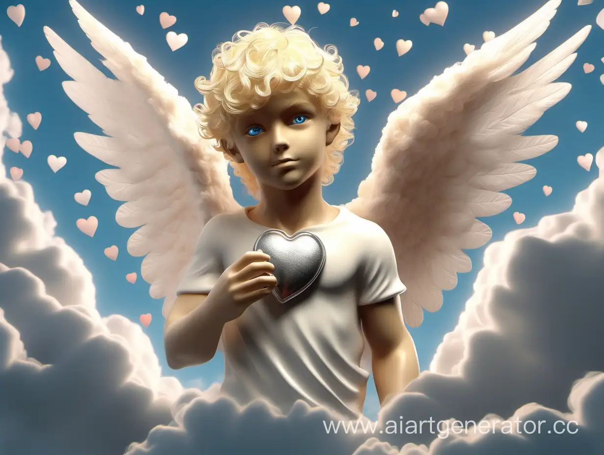 Cupid guy blond blue-eyed wings clouds beauty high detail heart glints large-scale fantasy figure