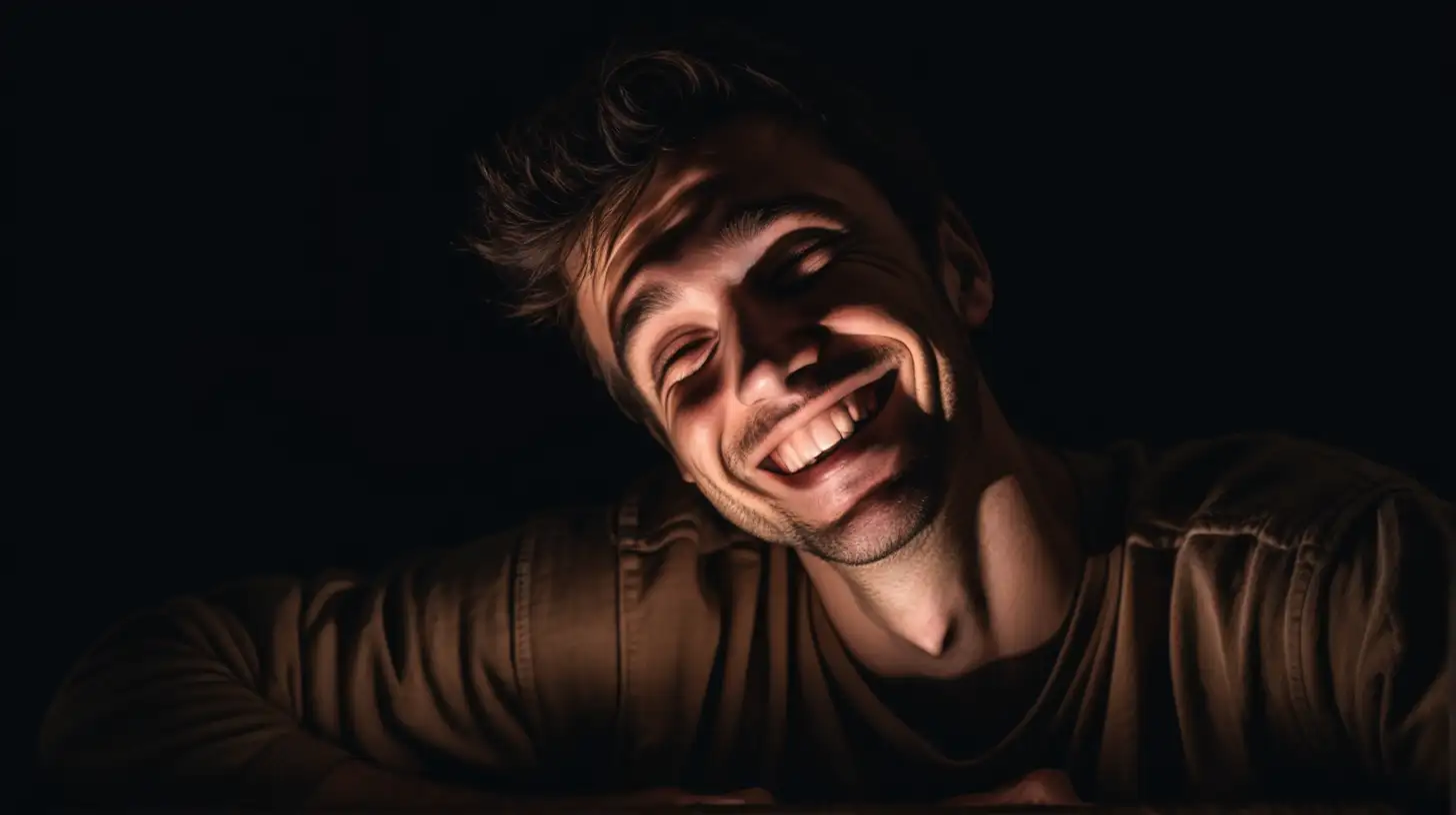 relieved lying man in complete darkness smile 