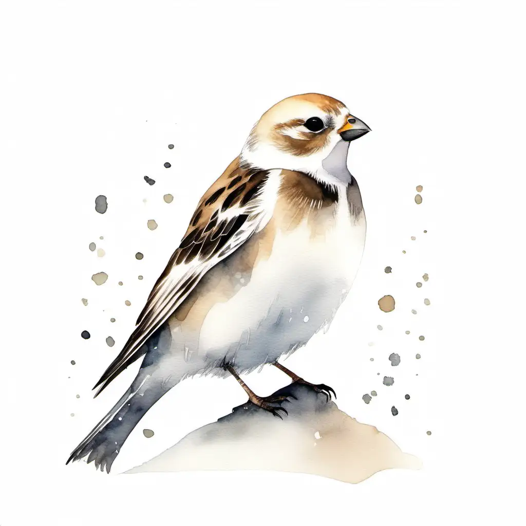 Enchanted Snow Bunting Watercolor Painting on White Minimal Background
