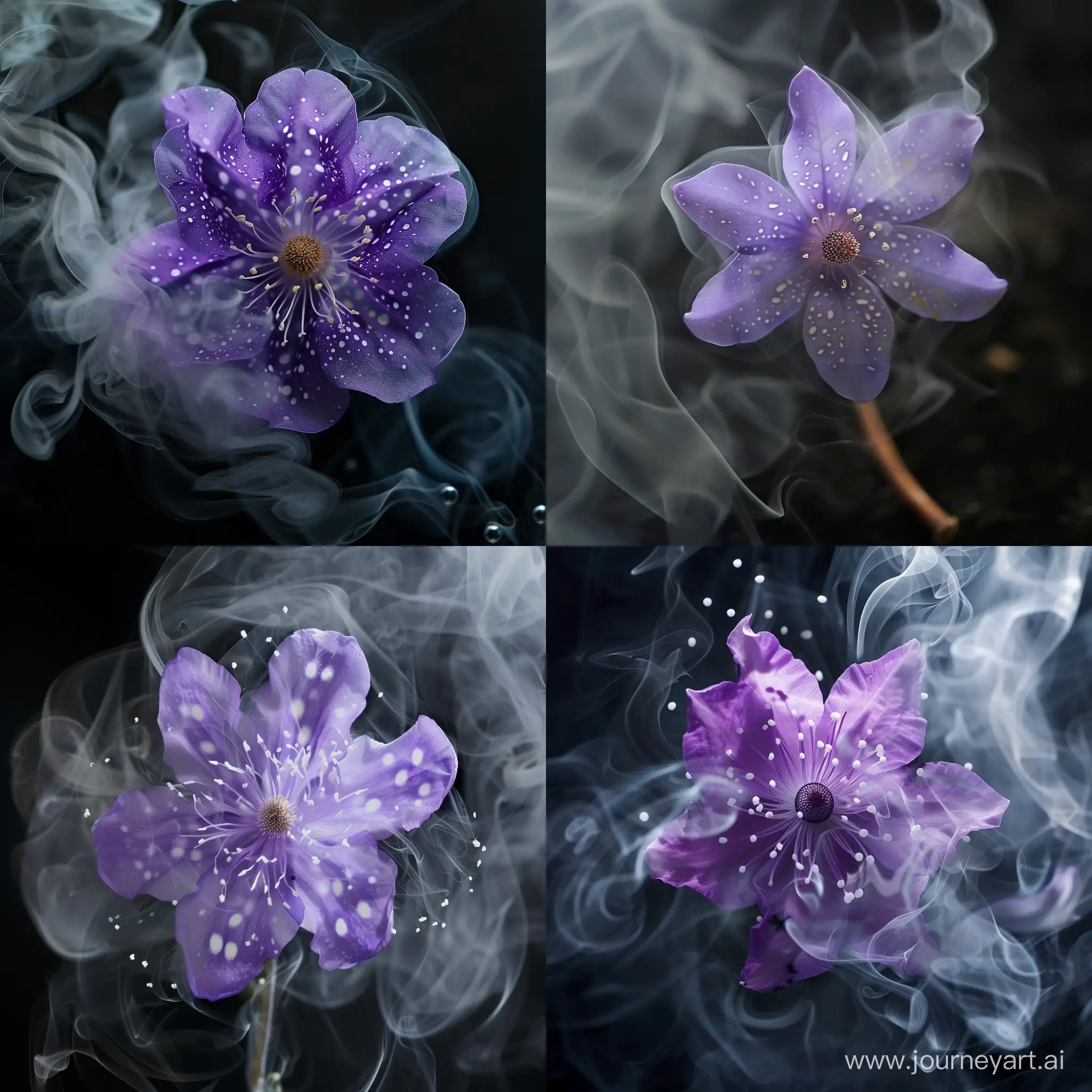 Пурпурный цветок с белыми точками вокруг в дыме 
