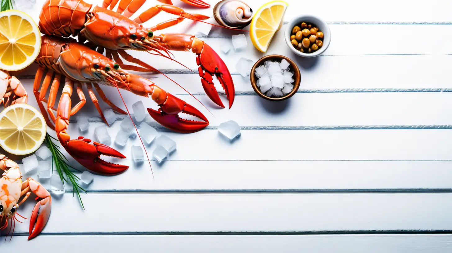 Fresh seafood on wooden white background, shrimps, crab, shellfish, squid, fish, ice , natural light, text space