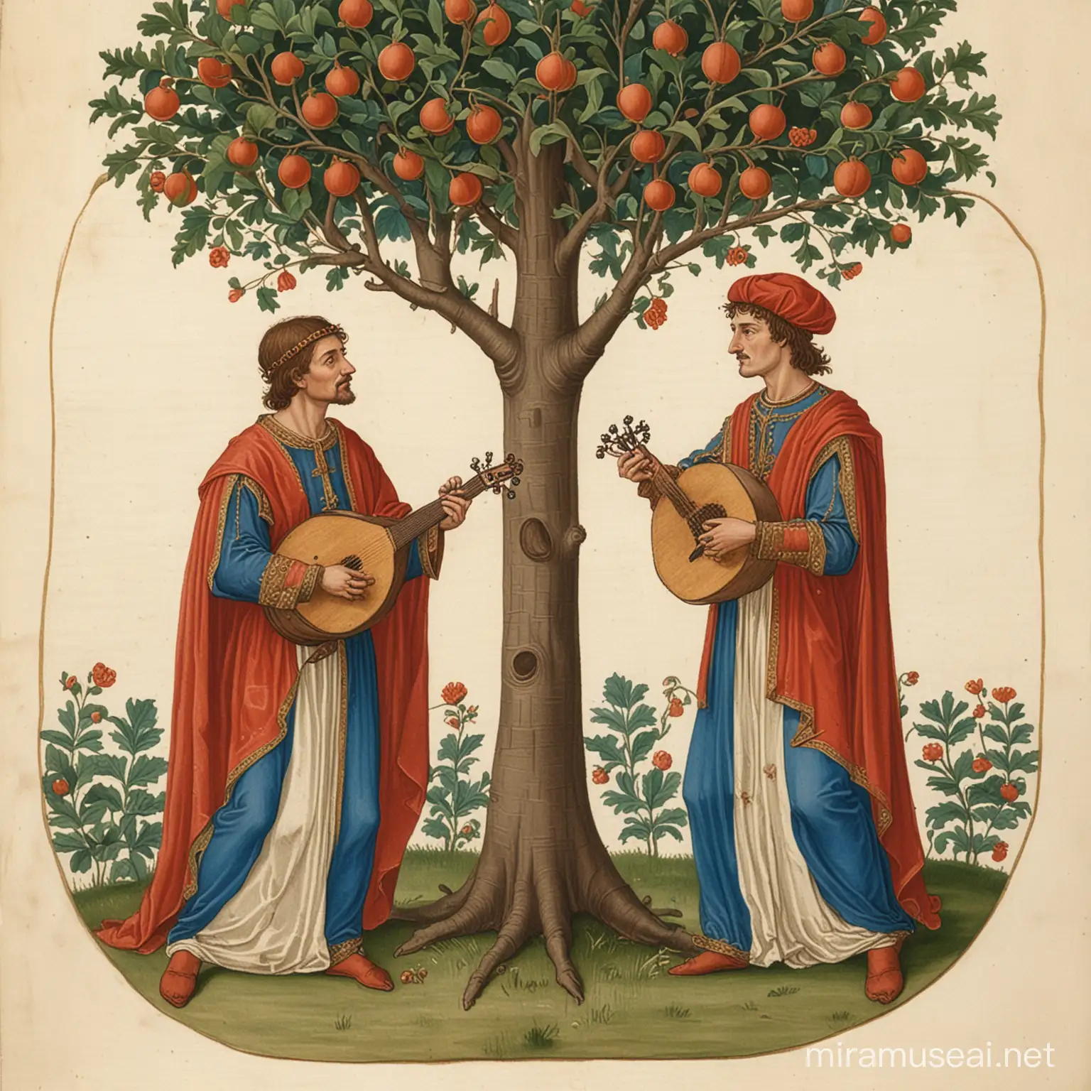 Two Medieval Musicians man Performing by a Fig Tree in Codex Manesse Style