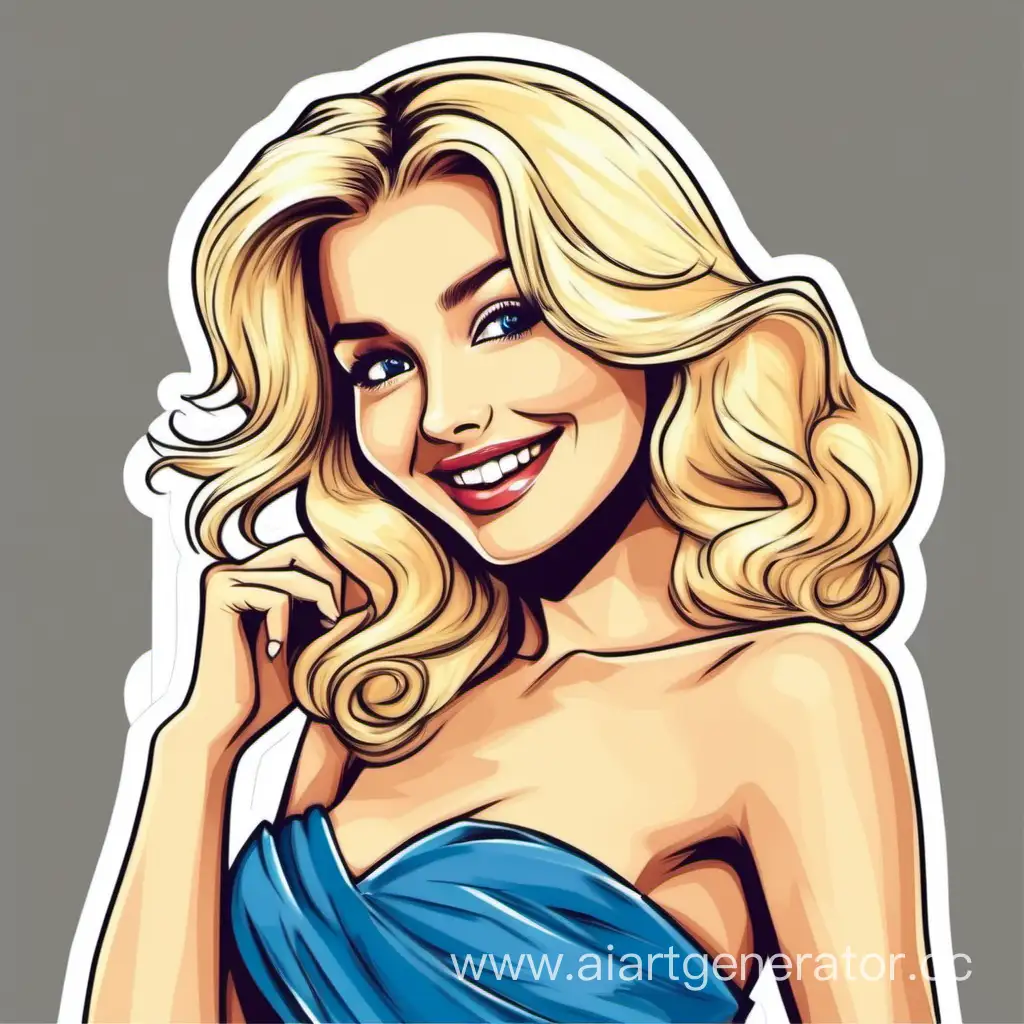гламурная девушка блондинка улыбается удивляется
 в синем платье стикер