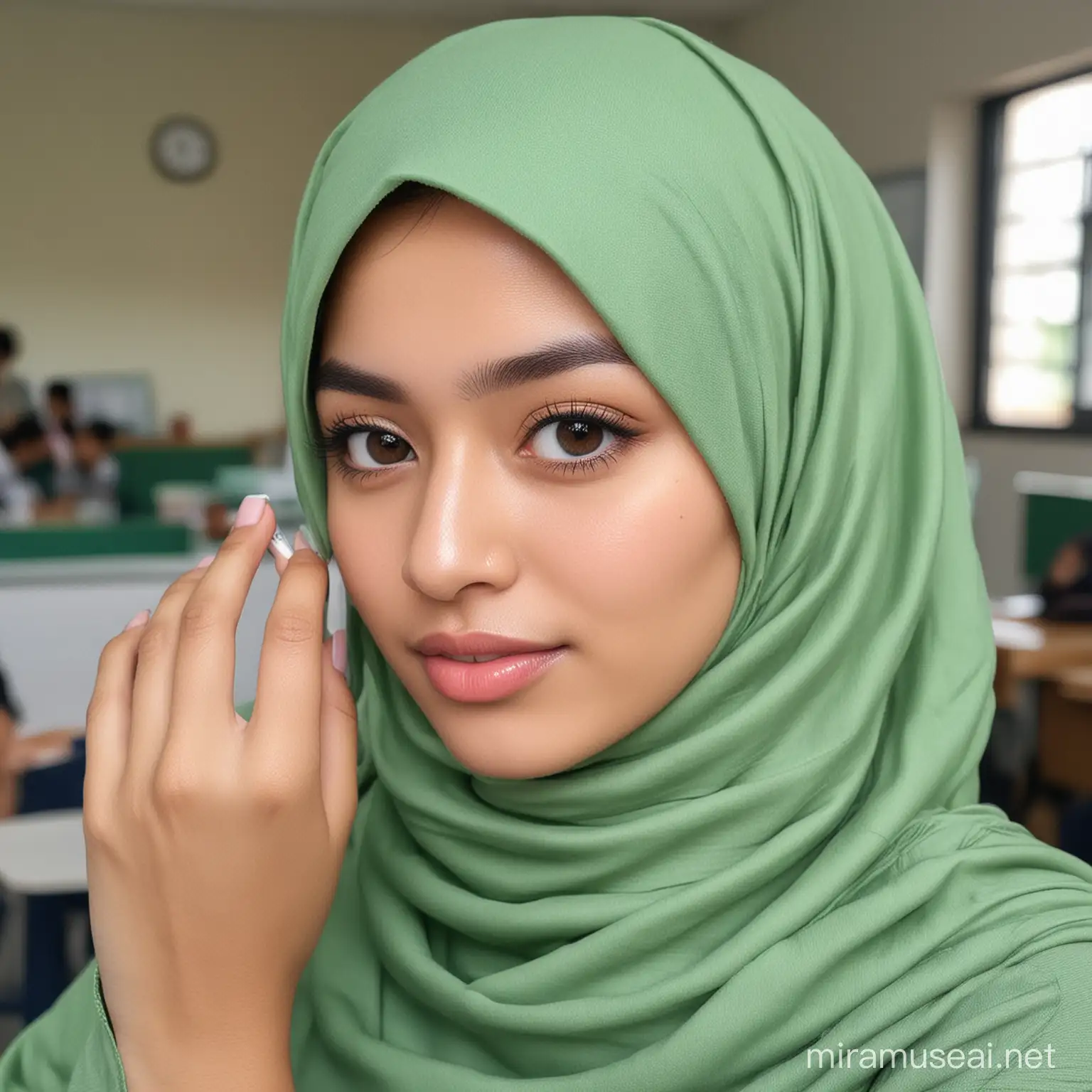 The girl wearing a hijab with an Indonesian face is at school  using softlense green color