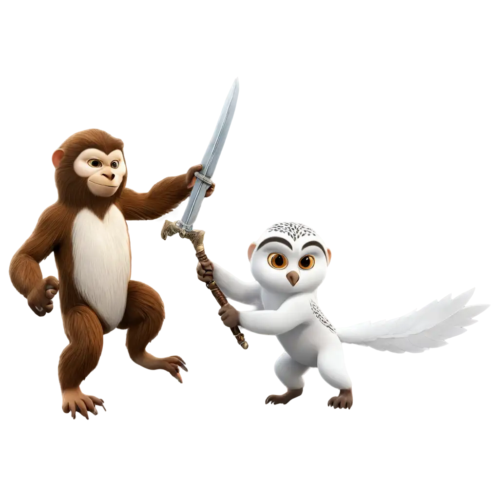 White owl with a sword fighting a monkey