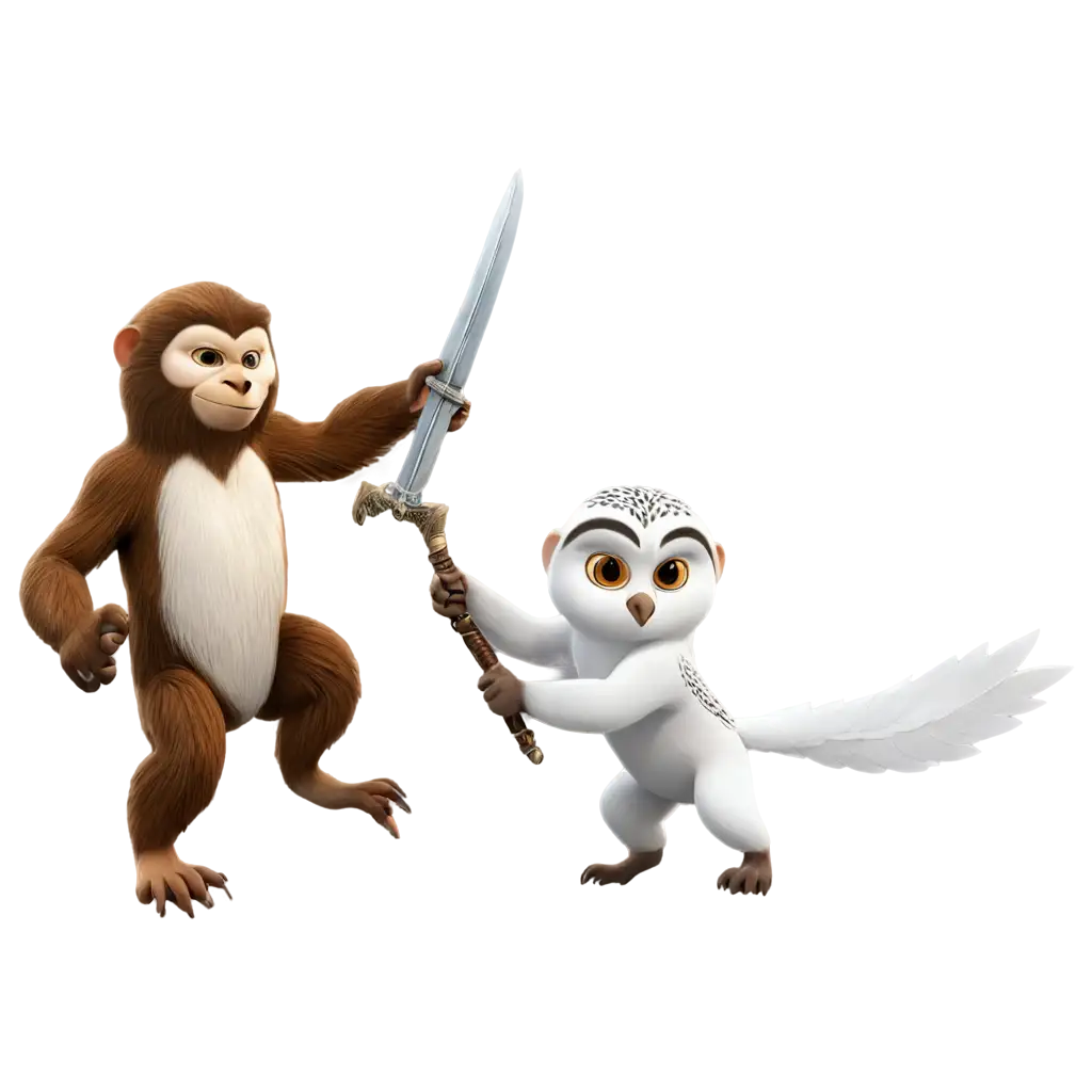 White Owl with Sword Fighting a Monkey Exquisite PNG Image for Digital ...