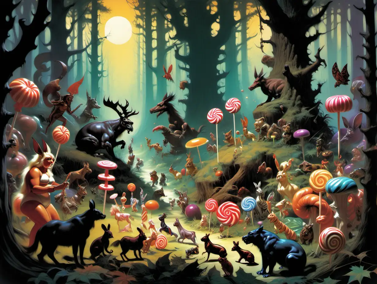 Enchanted Forest Candy Story with Imaginary Animals Frank Frazetta Style