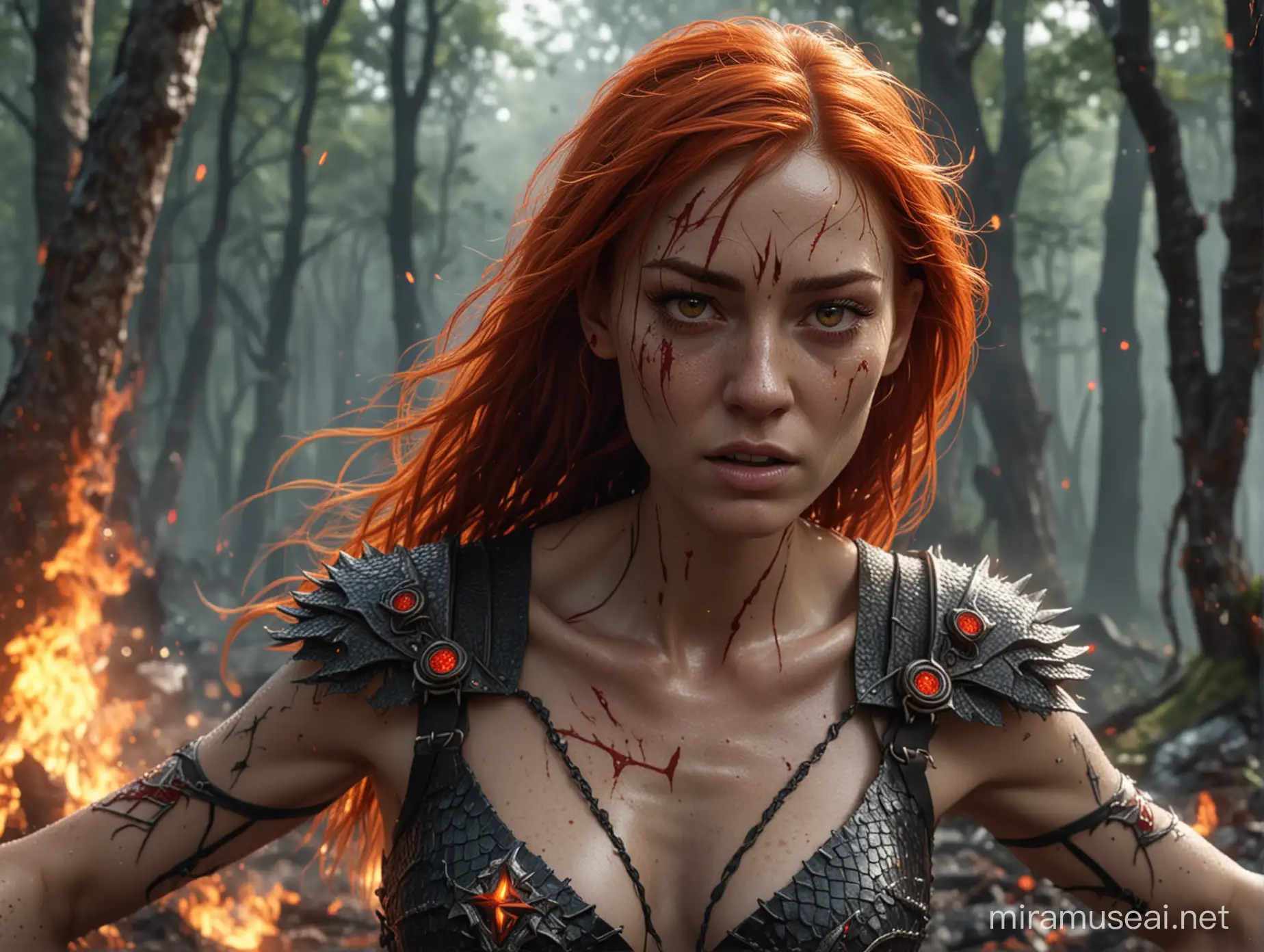hyperrealistic very high detail 4k full size image taken from the front left with depth perception, showing a female human with long fiery red hair thin red eyebrows, burning red eyes and face full of freckles, with draconic symbols carved into arms and body, sleeveless open front top made of dragon scales, fighting in a bloody battle in a forest throwing bolts of lightning from her hands