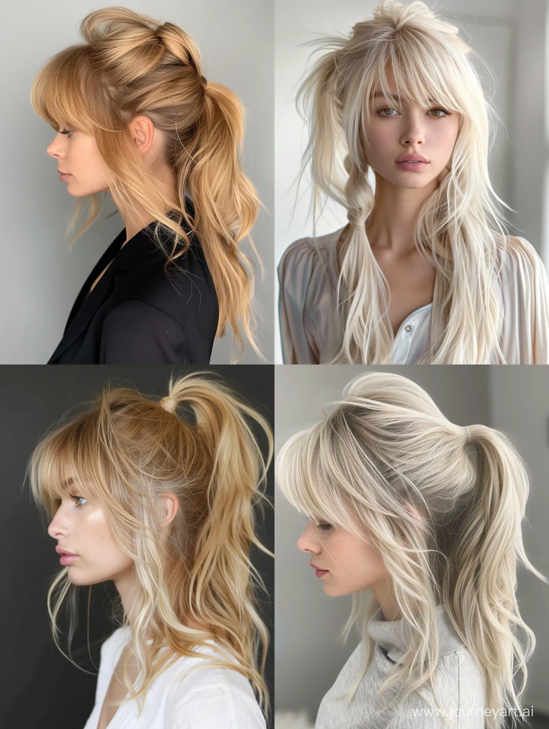 trendy ponytail hairstyles with curtain bangs blonde 2024