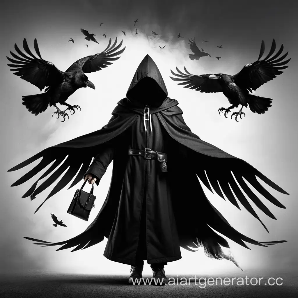 Волшебник в черной мантии с капюшоном и 2 воронами черного и белого цвета на его плечах