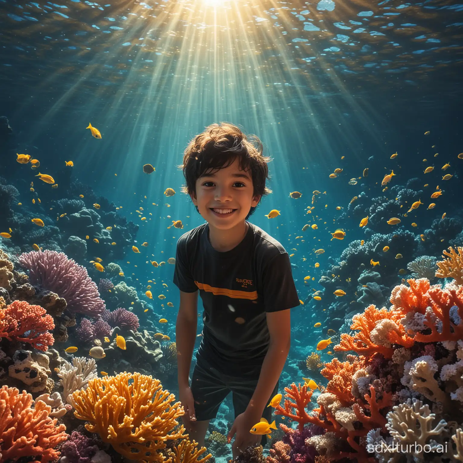 Radiant-Golden-Sunlight-Illuminates-Two-Handsome-Boys-Among-Colorful-Corals-and-Fish