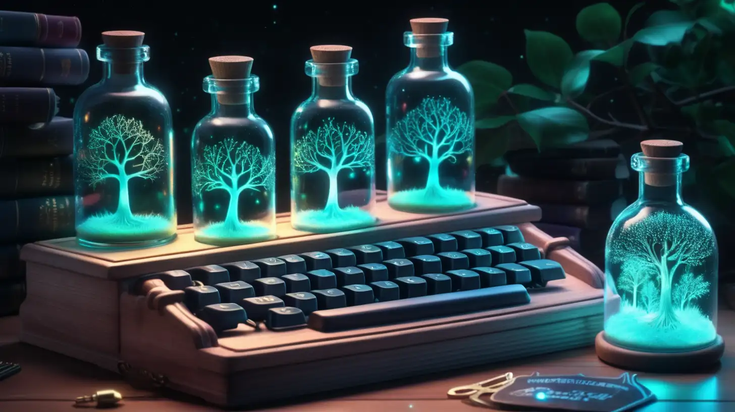 a box of glowing keys, fairytale, magical, library and glowing potions and inside the bottle are iridescent trees, 8K. Glowing-Typewriter