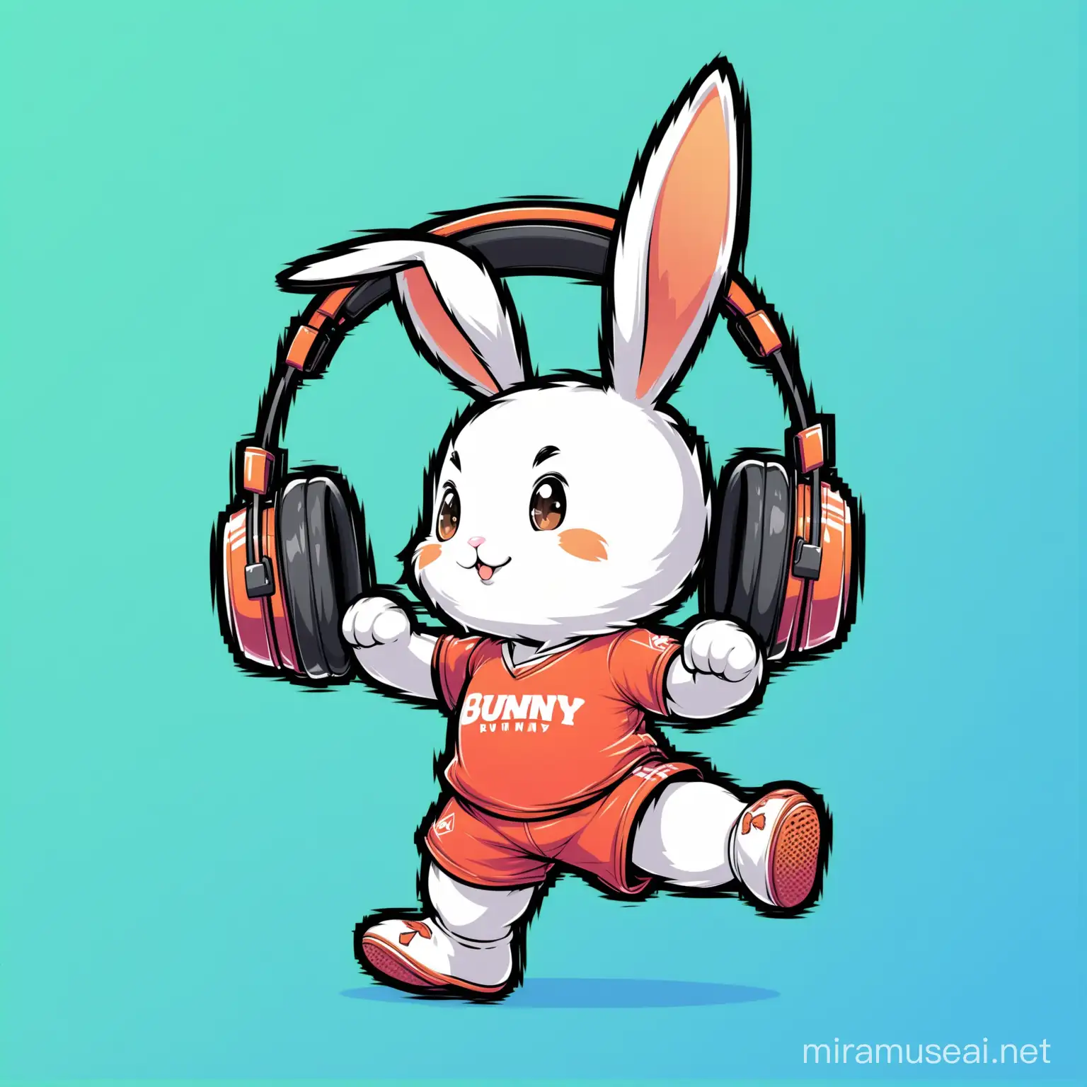 Sporty Bunny Mascot Wearing Headphones