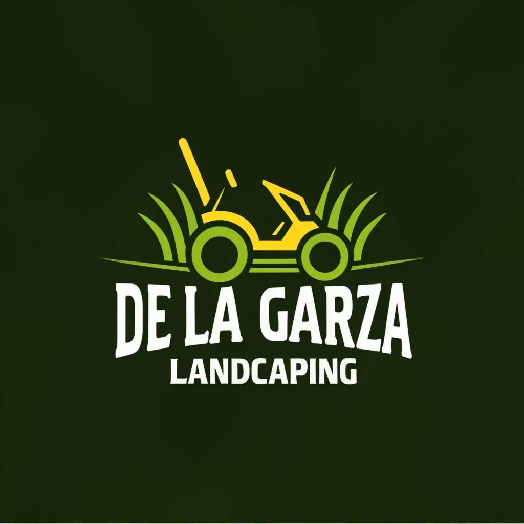 LOGO-Design-For-De-la-Garza-Landscaping-Vibrant-Green-with-Riding-Lawn-Mower-and-Tall-Grass