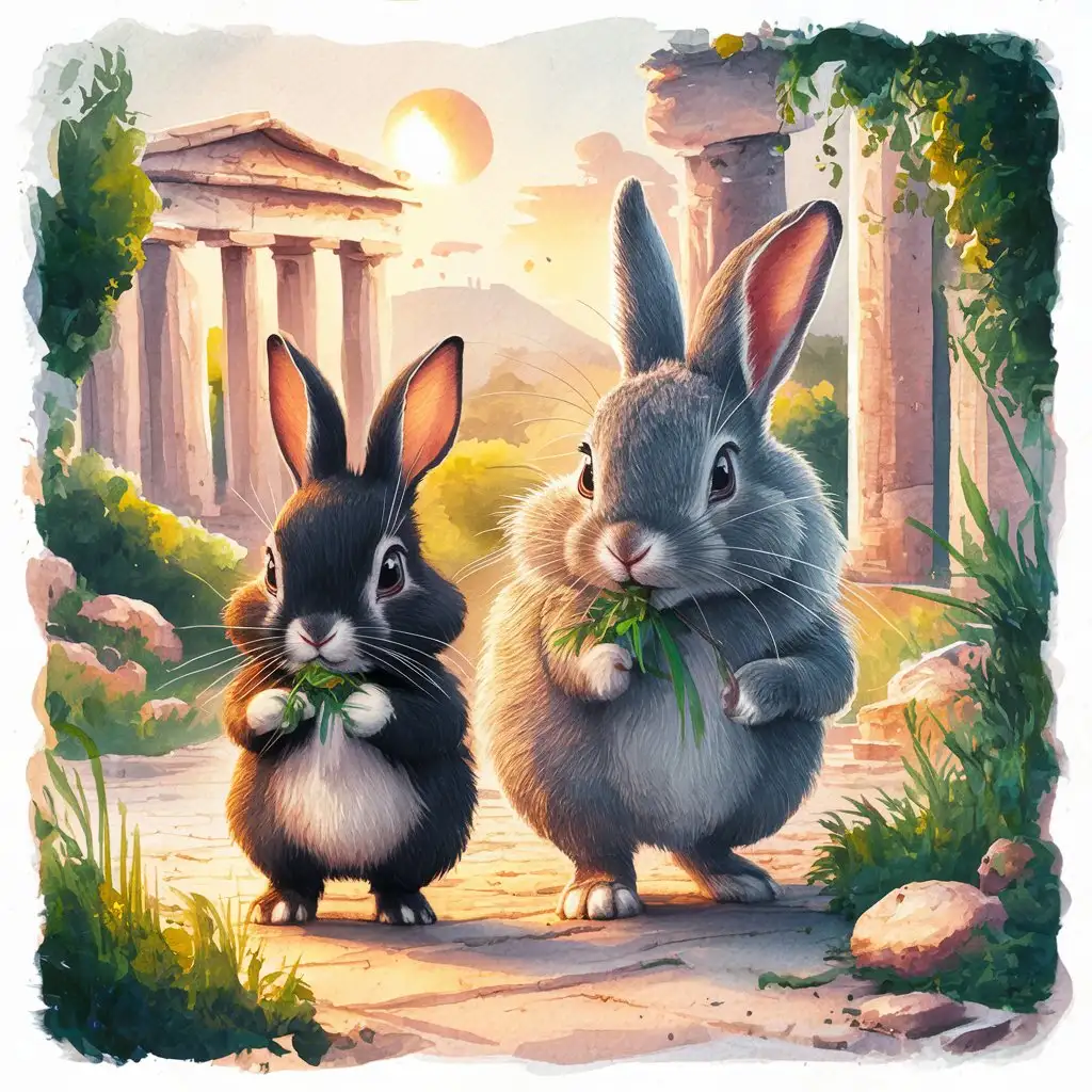 Two rabbits, one black with a prominent white stripe running down its chin, and a slightly larger gray rabbit with drooping and erect ears, both together Eating and walking around Athens