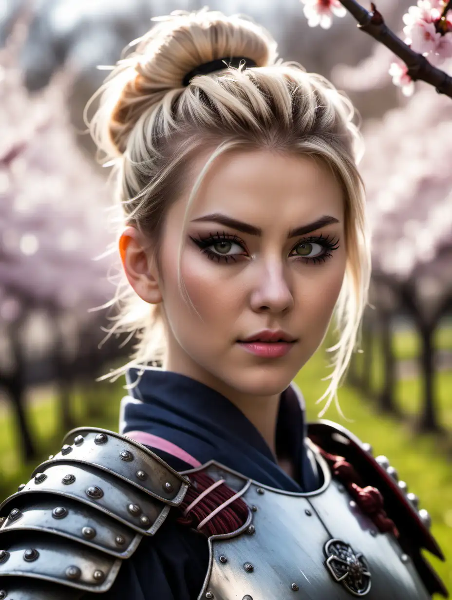 Beautiful Nordic woman, very attractive face, detailed eyes, big breasts, slim body, dark eye shadow, blonde hair in a messy bun, dressed as a armored samurai, close up, bokeh background, soft light on face, rim lighting, facing away from camera, looking back over her shoulder, standing in front of a cherry blossom orchard, photorealistic, very high detail, extra wide photo, full body photo, aerial photo