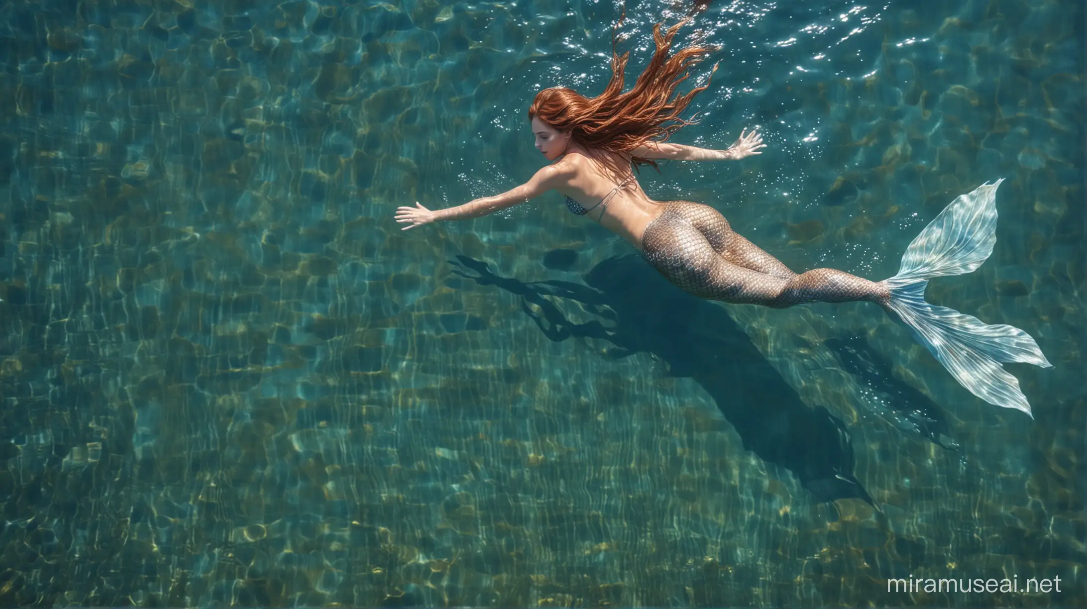 Overhead view of a beautiful mermaid with flowing brown hair. Blue translucent water. She is swimming on the surface of the water. Full body picture. She is swimming facing down so we see her back. 