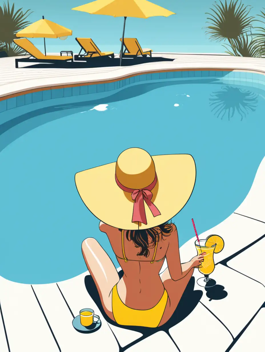 vector illustration woman in a yellow swimsuit sits with her back on the edge of the pool in a big hat with a drink