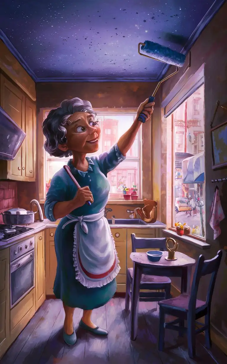 Мама, среднего возраста, с короткими кудрявыми волосами, красит потолок на маленькой кухне валиком на длинной ручке в цвет звёздного неба. 