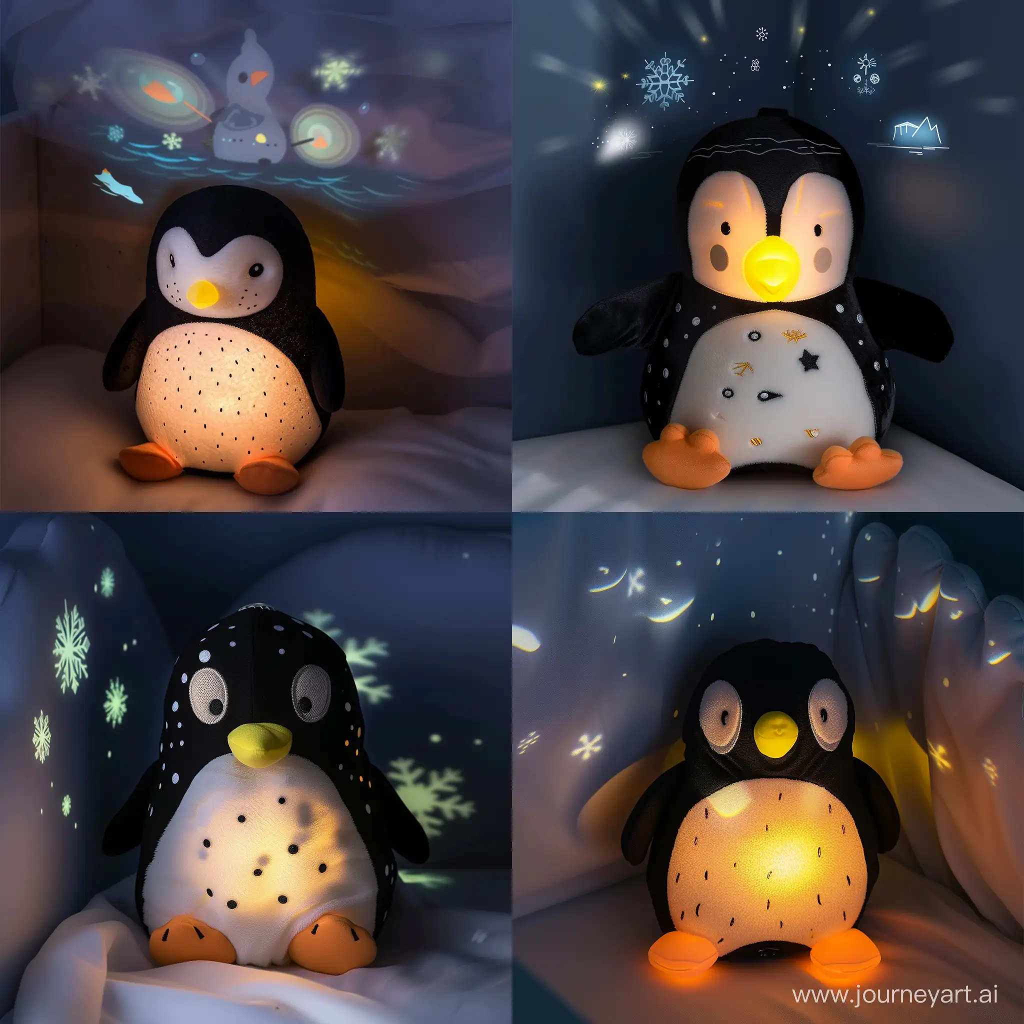 The baby lamp is shaped like a penguin with a black and white body, a yellow beak, and two orange feet. The penguin is made of soft, cuddly fabric that babies can touch and hug. The penguin has a built-in speaker that plays soothing melodies or sounds of the Antarctic, such as waves, wind, or penguin calls. The penguin also has a touch-sensitive surface that allows the baby or the parent to change the colour and brightness of the light by tapping or swiping. The penguin can project different images or shapes on the wall or the ceiling, such as snowflakes, icebergs, or other penguins, that create a cozy and playful atmosphere. The penguin has a sensor that adjusts the light according to the room's darkness, providing a gentle glow that adapts to different lighting conditions. The penguin is powered by a rechargeable battery that can be charged via a USB cable. The penguin can be placed on a bedside table or a crib or hung on the wall or the ceiling.
