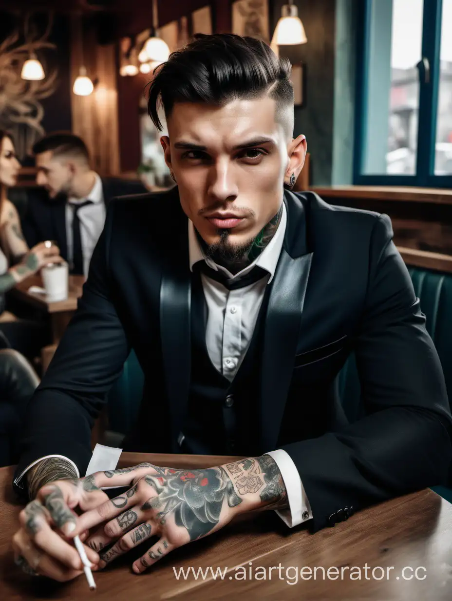 A  handsome pumped-up brunette guy in tattoos in black suit  sits in a restaurant among people and smokes a cigarette thoughtfully