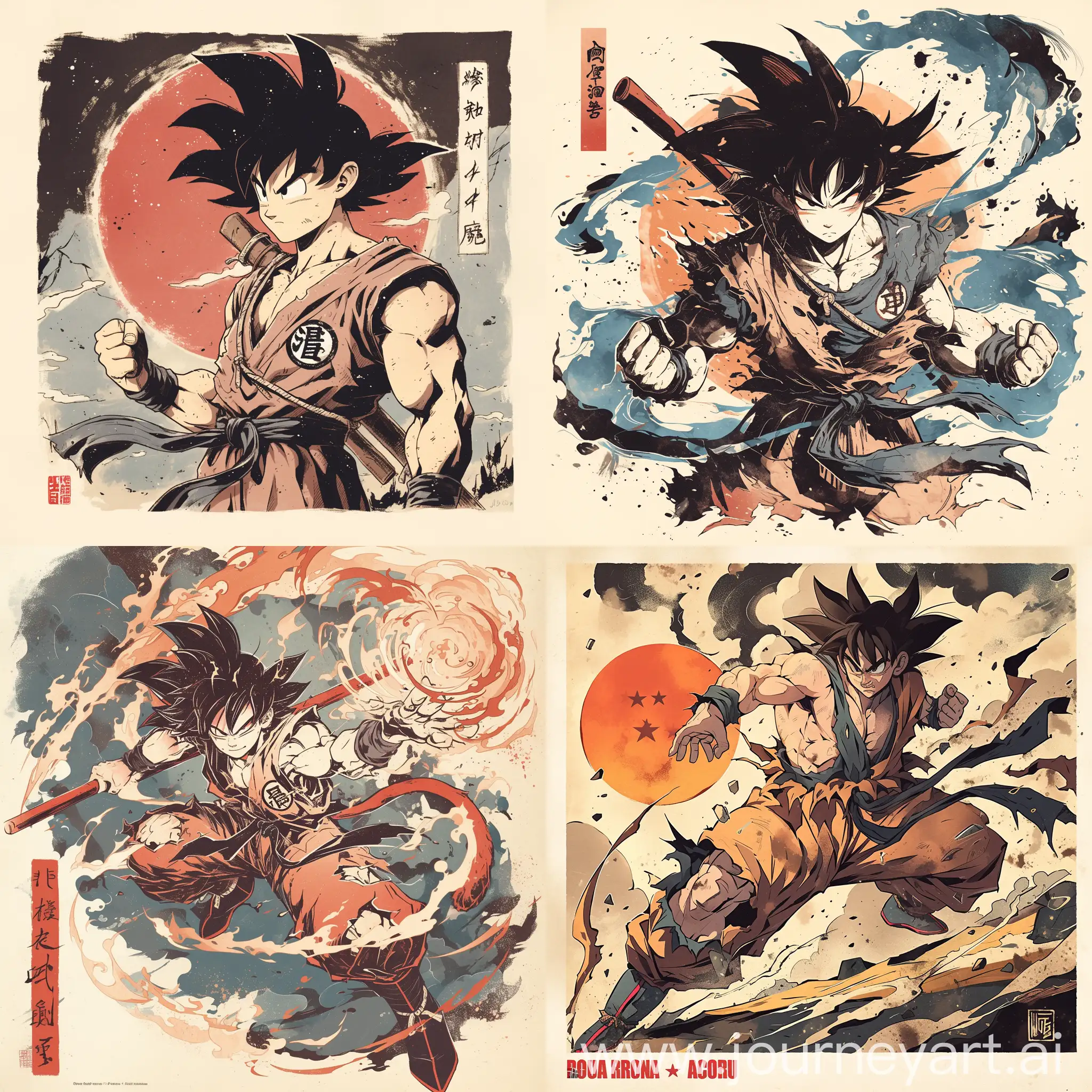 {Roronoa goku}, {dragon ball Manga/Roronoa goku}, in the style of a Sumi-e Ink poster design, meticulously detailed, heroic masculinity --niji 6