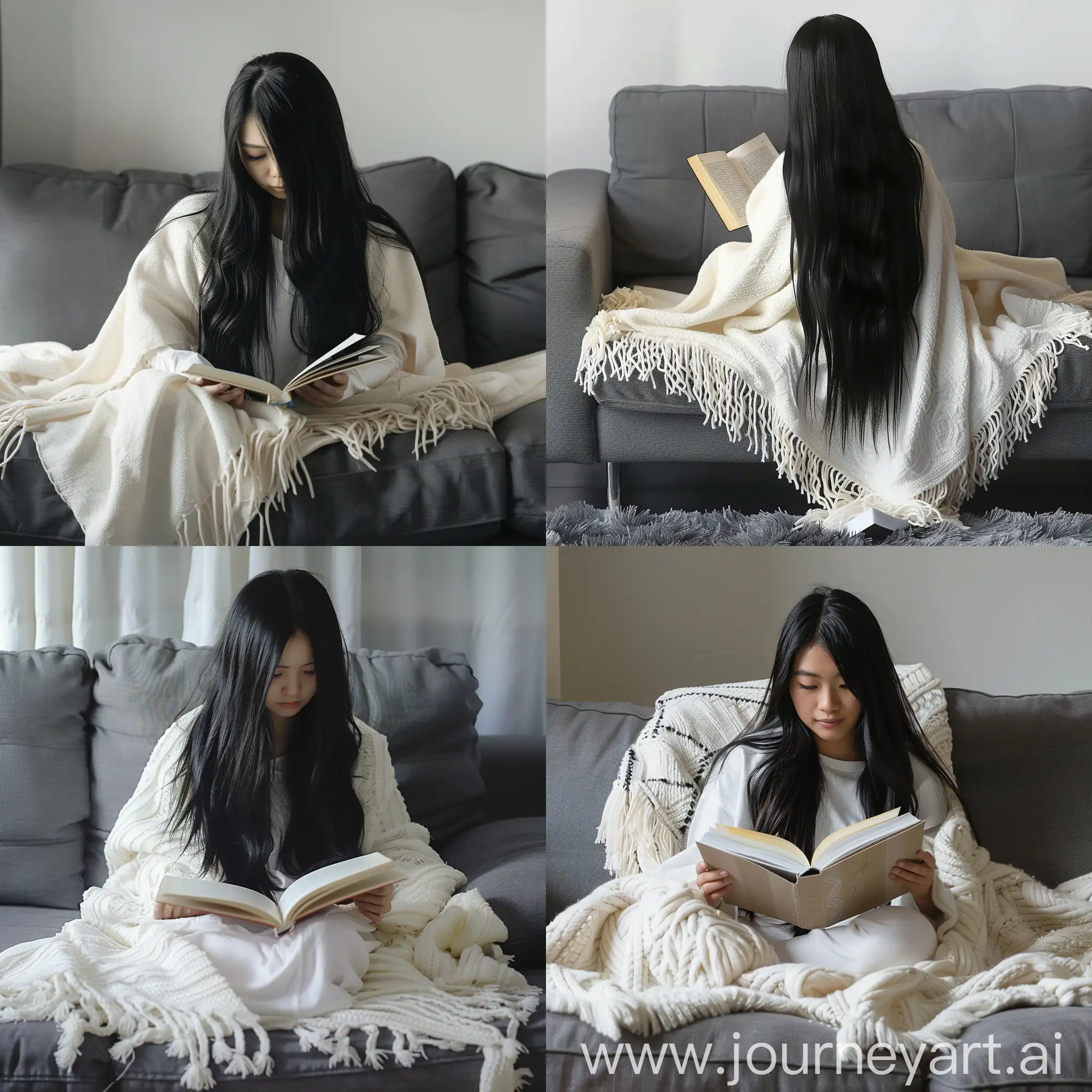 Girl with long black hair sitting on a grey couch with a white blanket reading a book