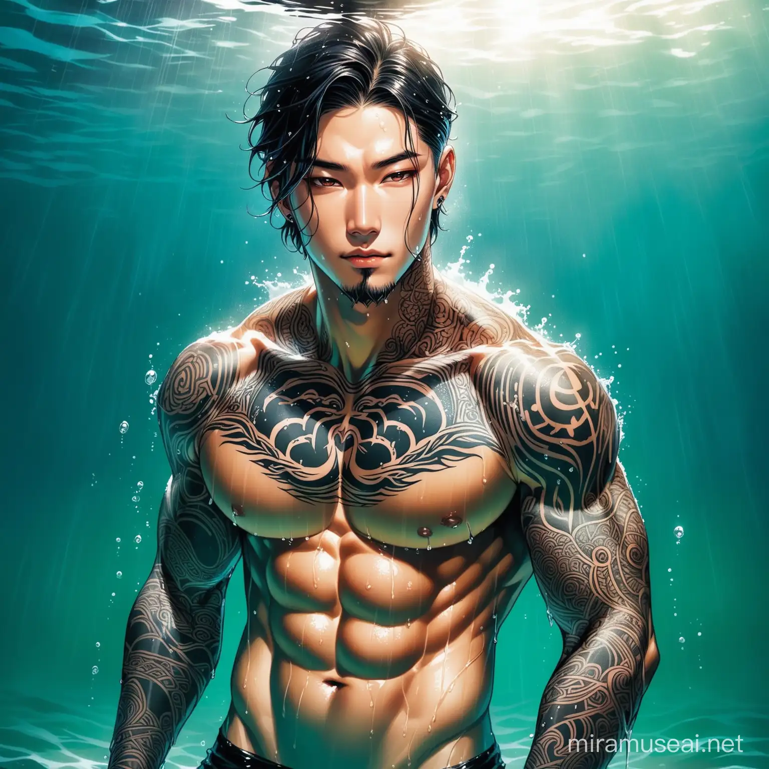 Bellissimo coreano che esce dalle profondità del mare. È muscolo, tatuato tutto bagnato e bello come un Dio.