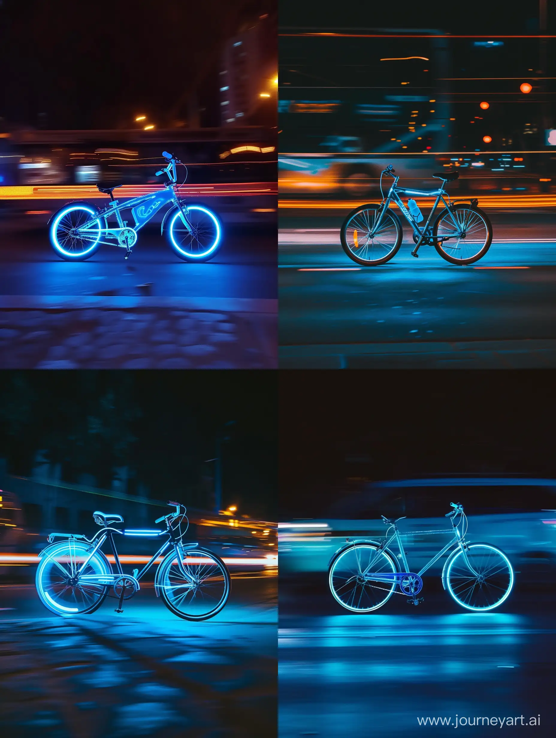 Spontaneous phone image of a blue and glowing bicycle, at night, product photography, cinematic colors, passing by, macro shot --ar 3:4 --s 100 --c 0 --w 0 --v 6